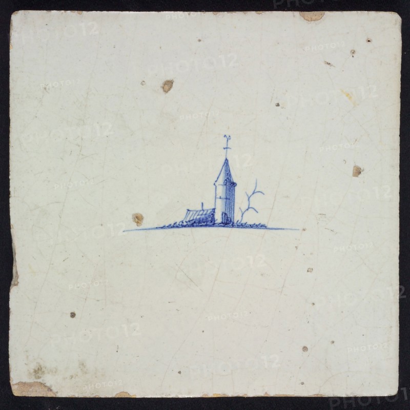 Landscape tile, church building, blue decor on white ground, no corner filling, wall tile tile sculpture ceramic earthenware