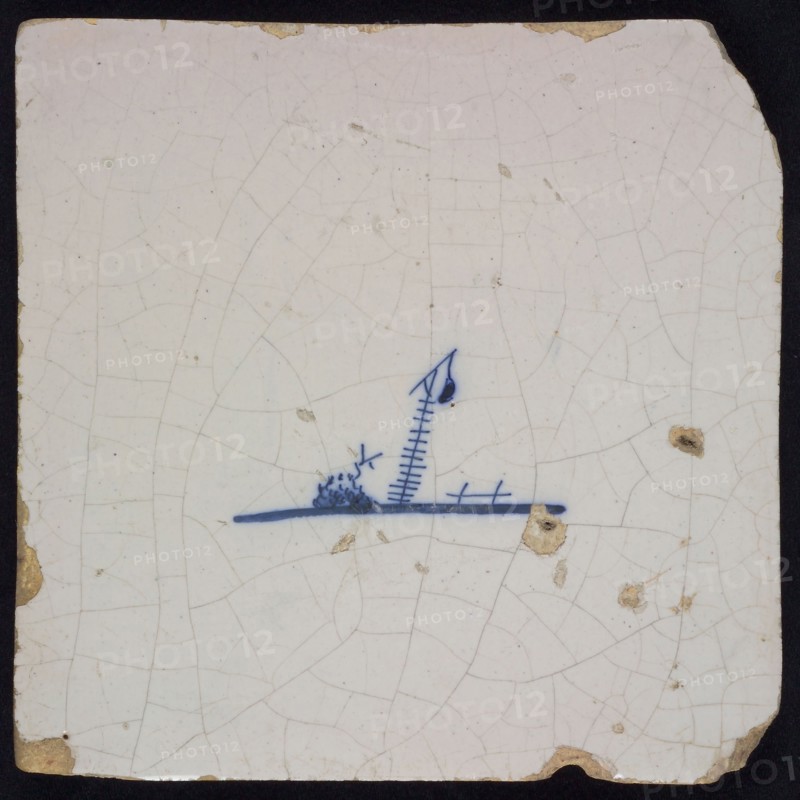 Landscape tile, beacon or beacon, blue decor on white ground, no corner padding, wall tile tile image ceramics earthenware glaze