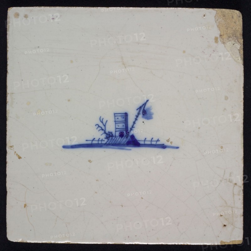 Landscape tile, beacon or beacon and tower, blue decor on white ground, no corner padding, wall tile tile sculpture ceramics