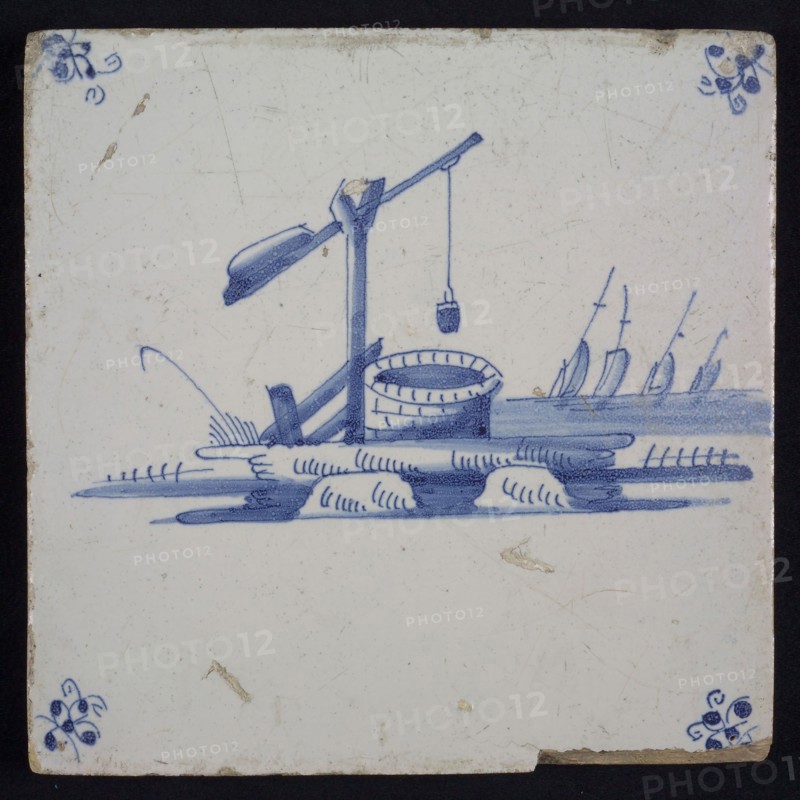 Scene tile, well, blue decor on white ground, corner fill spider, wall tile tile sculpture ceramics pottery glaze tin glaze