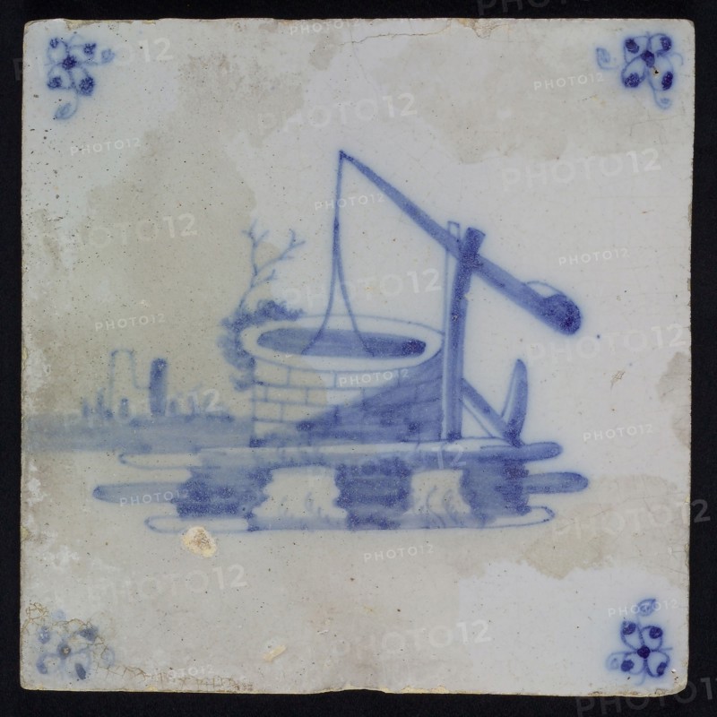 Scene tile, well, blue decor on white ground, corner fill spider, wall tile tile sculpture ceramic earthenware enamel tinglage