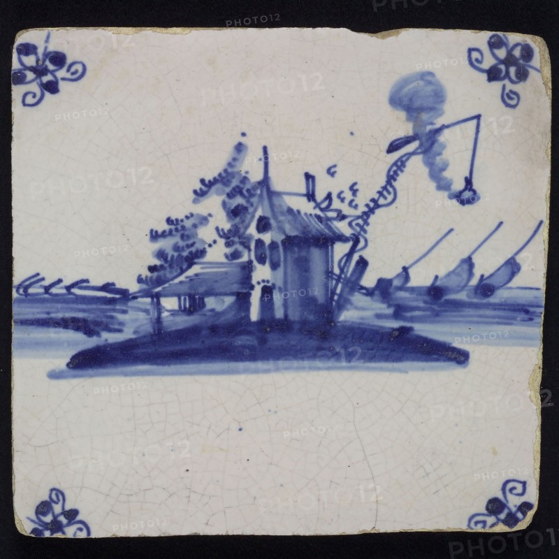 Scene tile, lighthouse and baakwoning, blue decor on white ground, corner fill spider, wall tile tile sculpture ceramic