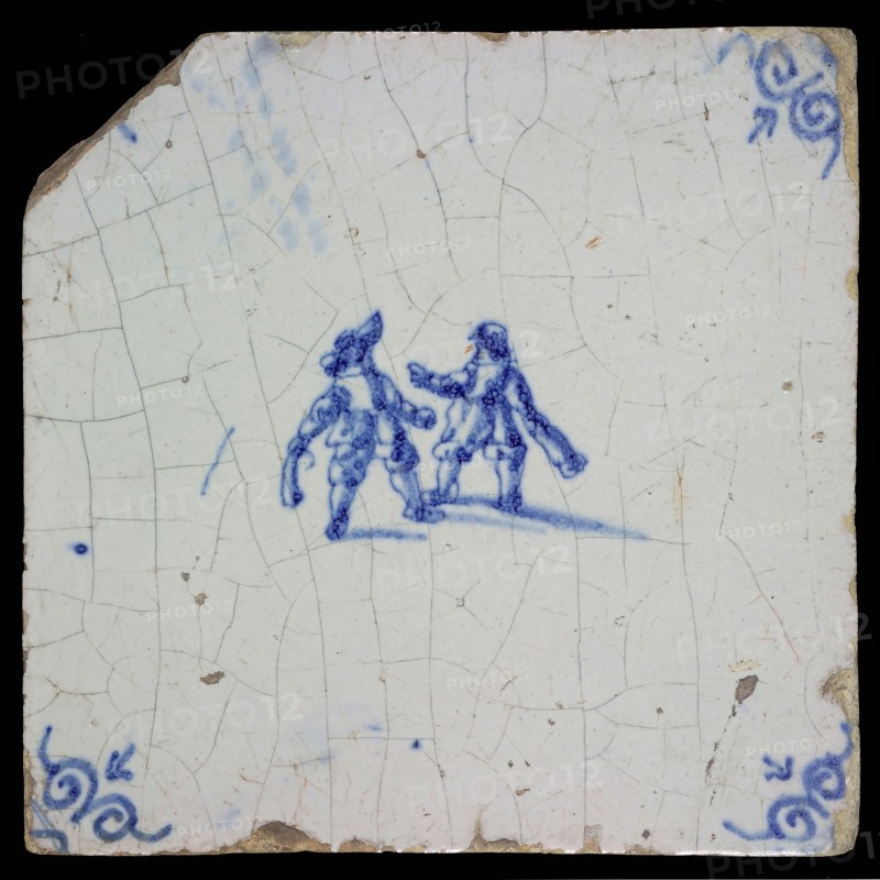 Scene tile, double child's play, tumbling, corner motif ox's head, wall tile tile sculpture ceramic earthenware glaze tin glaze
