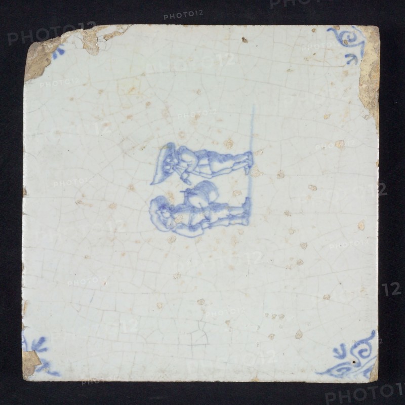 Scene tile, double child's play, making music, corner motif ox's head, wall tile tile sculpture ceramic earthenware glaze tin