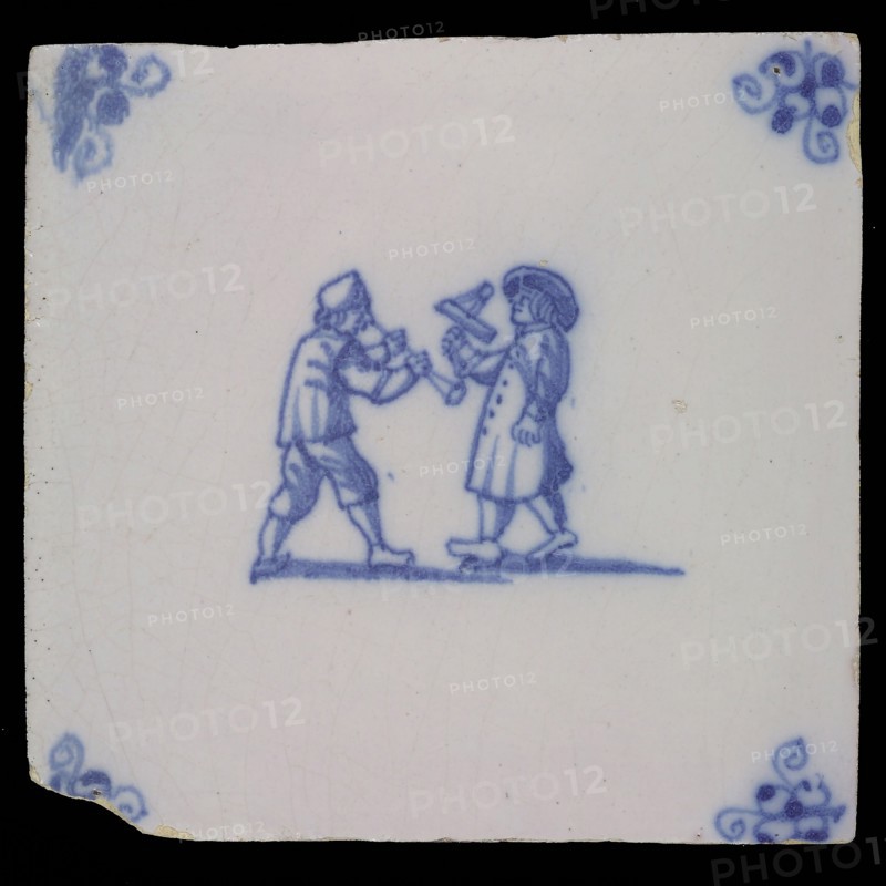 Scene tile, double child's play, making music, corner motif spider, wall tile tile sculpture ceramics pottery glaze tin glaze hw