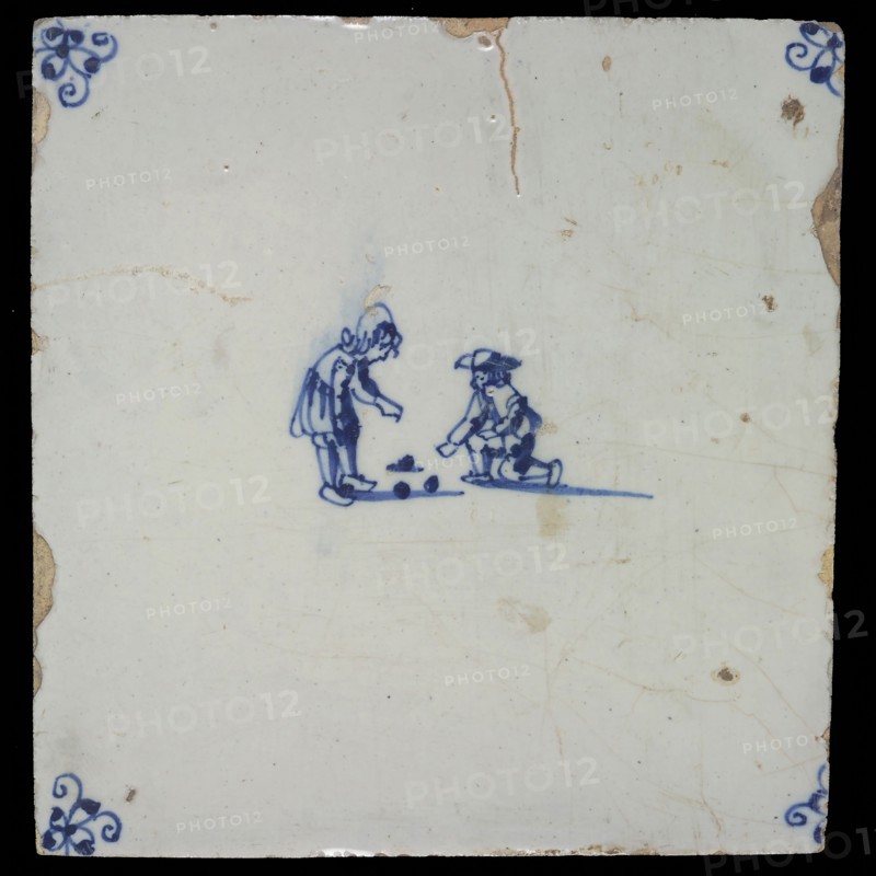 Scene tile, double child's play, shooting nuts, marbles, corner motif spider, wall tile tile sculpture ceramics pottery glaze