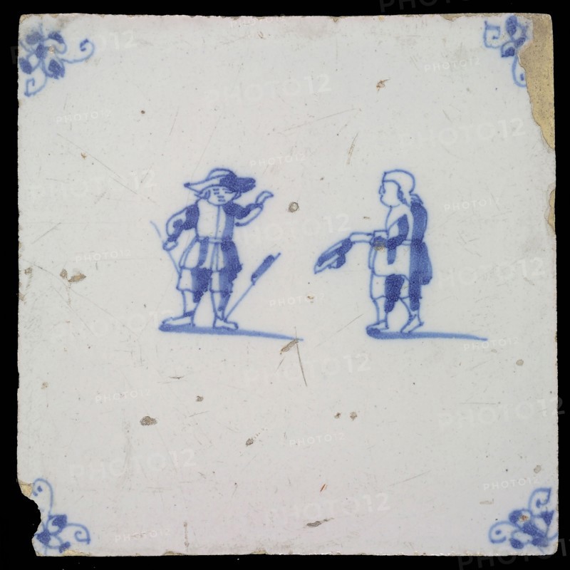 Scene tile, double child's play, tipping, corner filling spider, wall tile tile sculpture ceramic earthenware glaze tin glaze