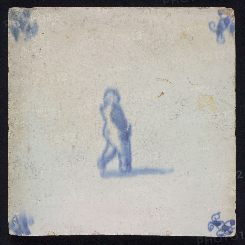 Figure tile, running figure, blue decor on white ground, corner fill spider, wall tile tile sculpture ceramic earthenware enamel