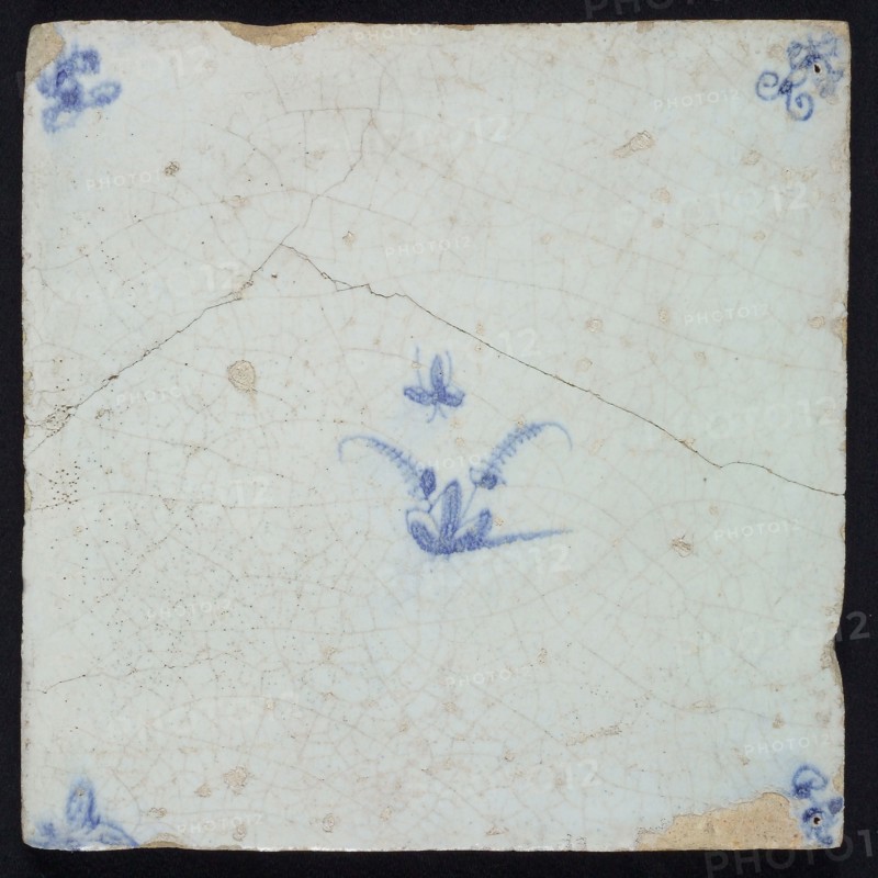 Animal tile, flying insect above plant, blue decor on white ground, corner fill spider, wall tile tile sculpture ceramic