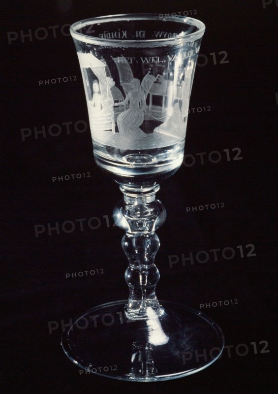 Chalice, goblet, engraved with maternity scene and THE WELFARE OF THE KRAM WOMAN AND CHILD, wine glass drinking glass drinking