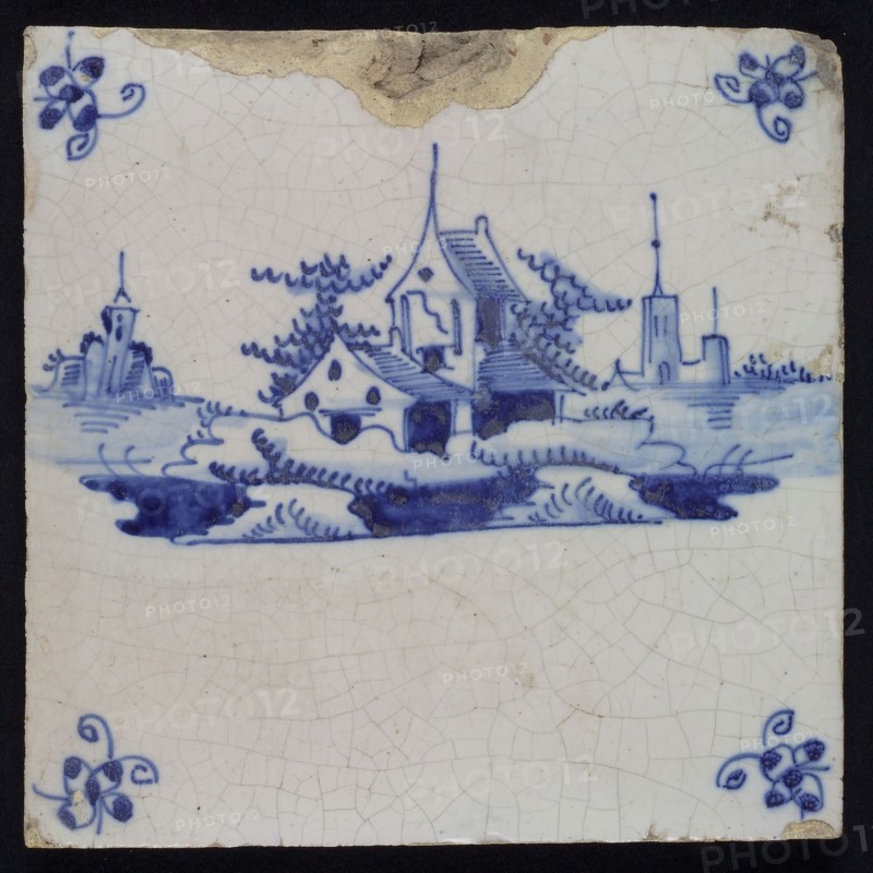 Scene tile, landscape tile with house, blue decor on white ground, corner fill spider, wall tile tile sculpture ceramic