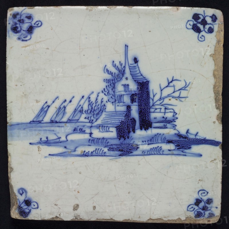 Scene tile, landscape tile with house, blue decor on white ground, corner fill spider, wall tile tile sculpture ceramic