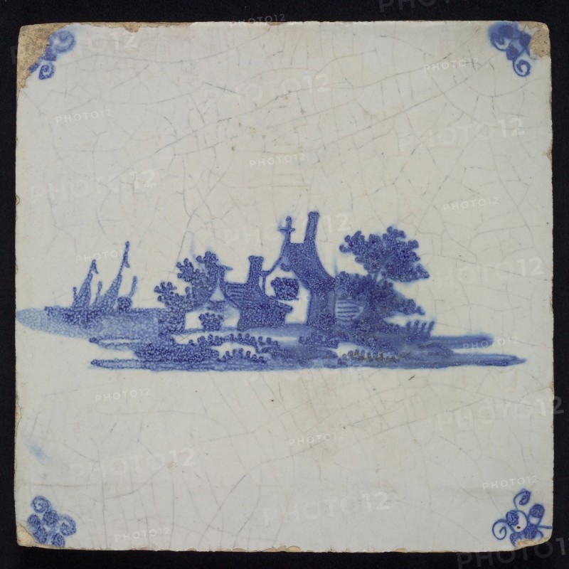 Scene tile, landscape tile with house, blue decor on white ground, corner fill spider, wall tile tile sculpture ceramic