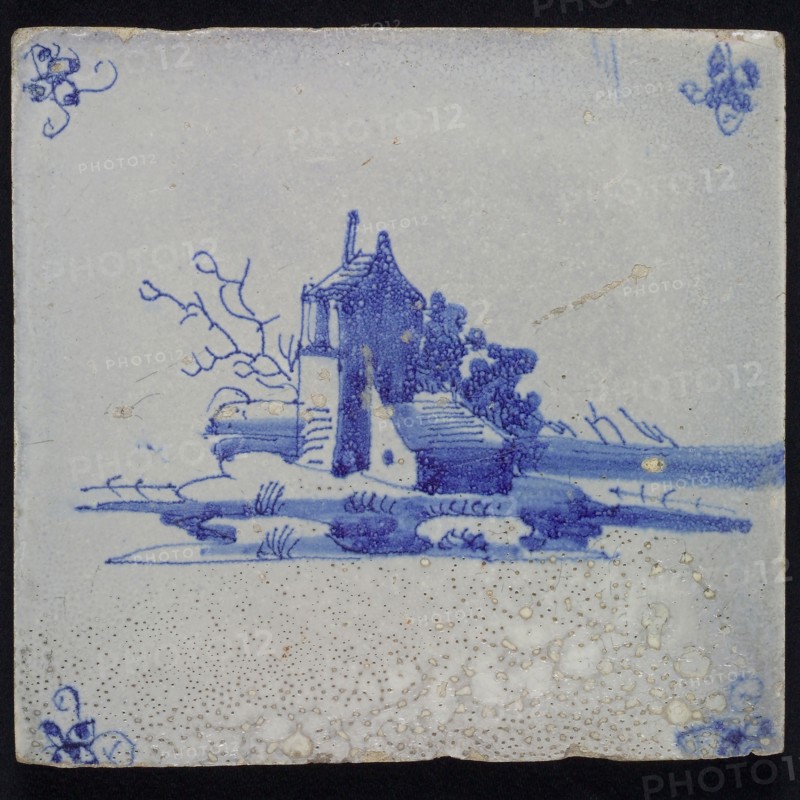 Scene tile, landscape tile with house, blue decor on white ground, corner fill spider, wall tile tile sculpture ceramic