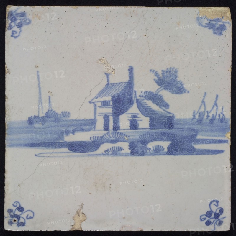 Scene tile, landscape tile with house, blue decor on white ground, corner fill spider, wall tile tile sculpture ceramic