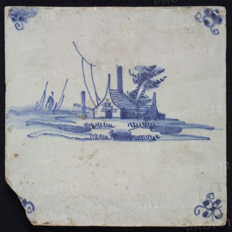 Scene tile, landscape tile with house, blue decor on white ground, corner fill spider, wall tile tile sculpture ceramic