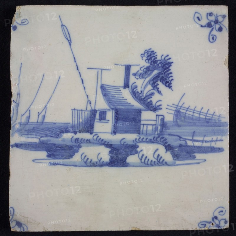 Scene tile, landscape tile with staff and house, blue decor on white ground, corner fill spider, wall tile tile image ceramics