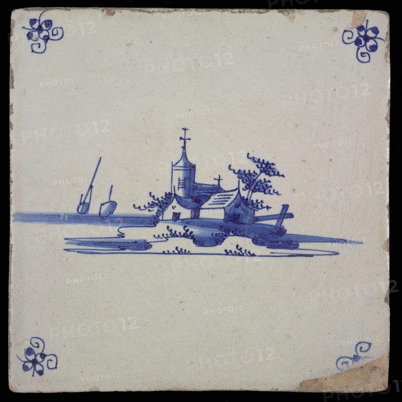Scene tile, landscape tile with village and church, blue decor on white ground, corner fill spider, wall tile tile sculpture