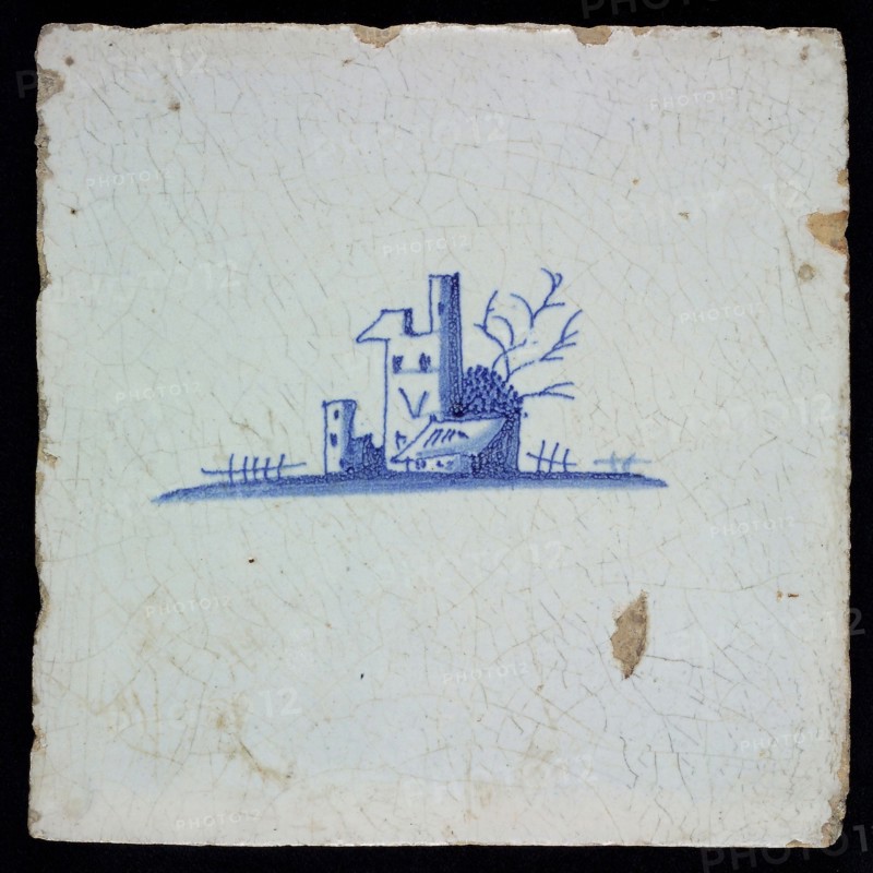 Scene tile, landscape with ruin, blue decor on white ground, no corner fill, marked, wall tile tile sculpture ceramic