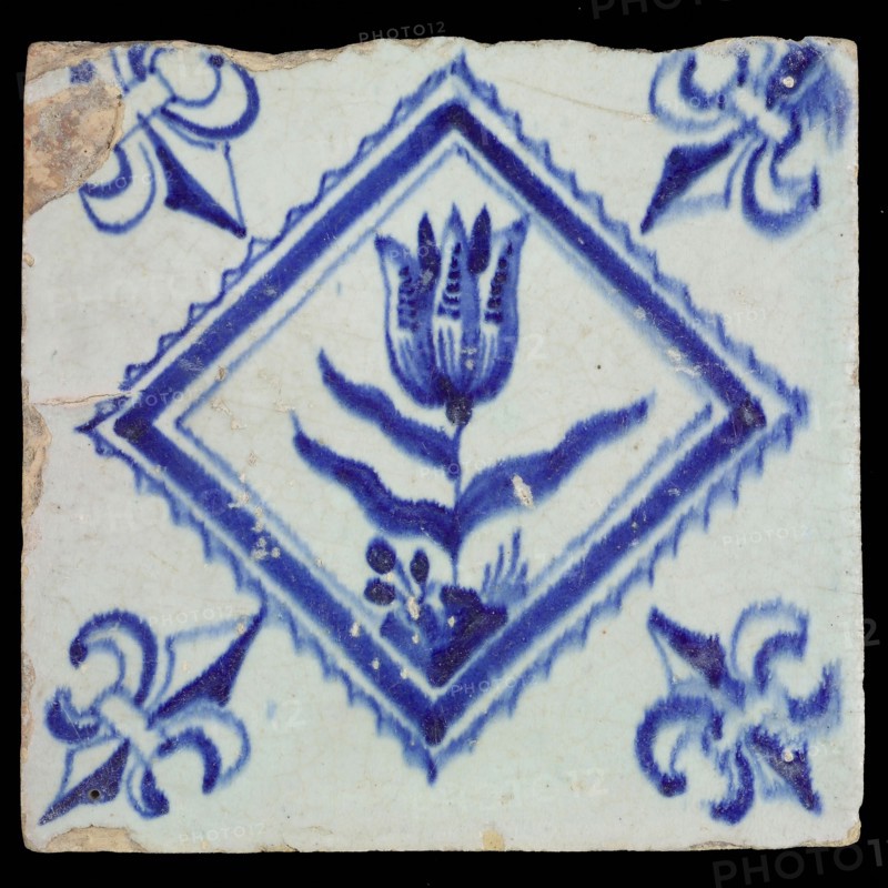 Flower tile with tulip in serrated square, blue decor on white ground, corner filling lily, wall tile tile sculpture ceramic