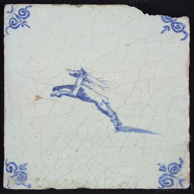Animal tile with jumping deer, blue decor on white ground, corner filler ox head, wall tile tile sculpture ceramic earthenware