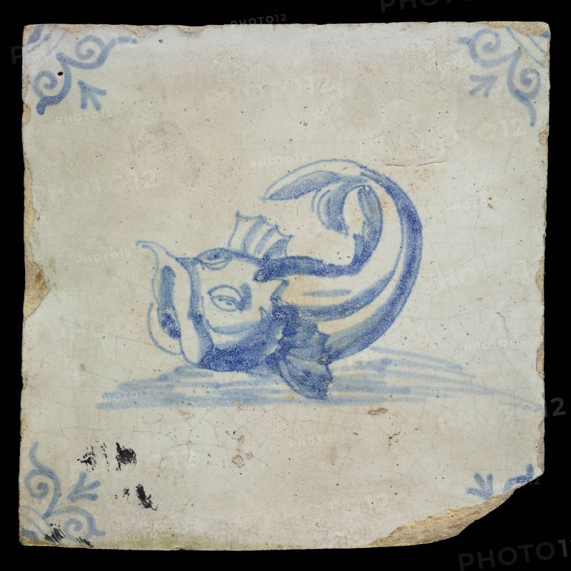 IB, Animal tile with fish, blue decor on white ground, corner filler ox head, marked, wall tile tile image ceramics pottery