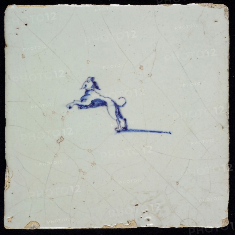 Animal tile, jumping dog, blue decor on white ground, without corner filling, marked, wall tile tile sculpture ceramic