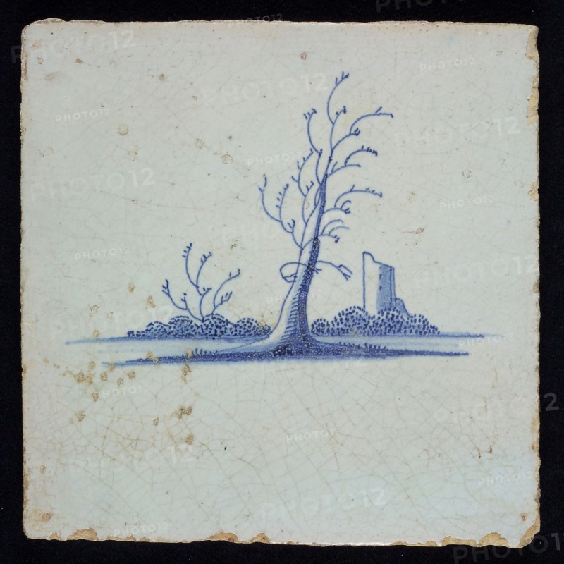 DD, Scene tile, landscape with leafless tree, blue decor on white ground, without corner filling, marked, wall tile