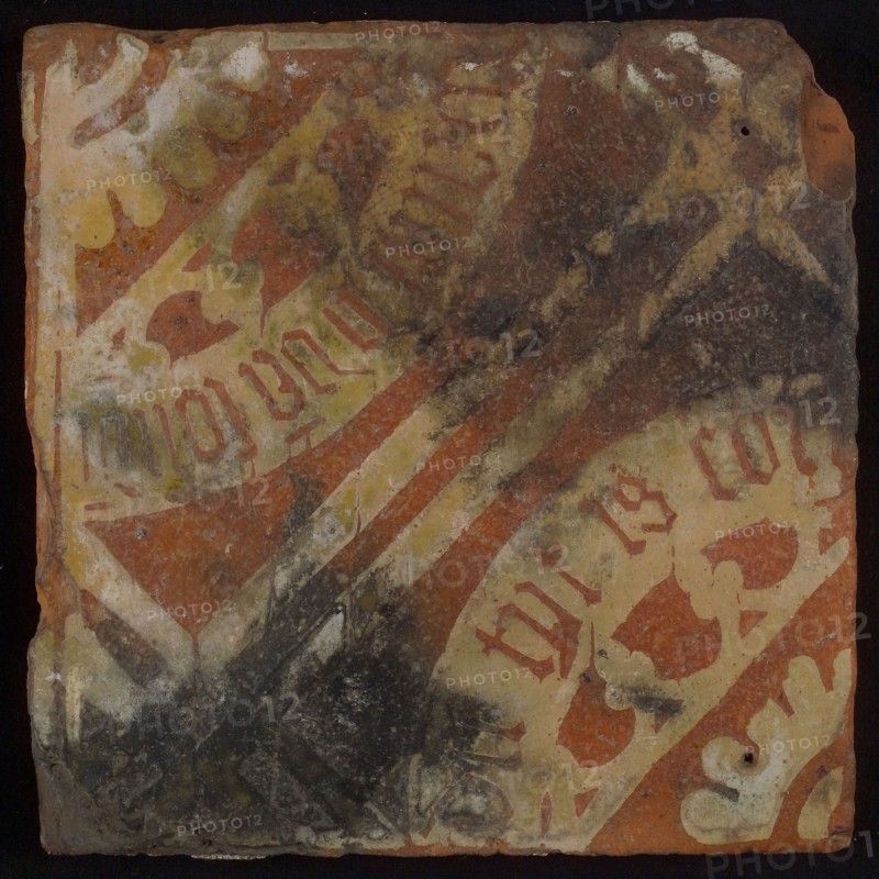Scripture tile, floor tile, brown and white, diagonal two white lines, in each half quarter circle, gothic leaves, wide white