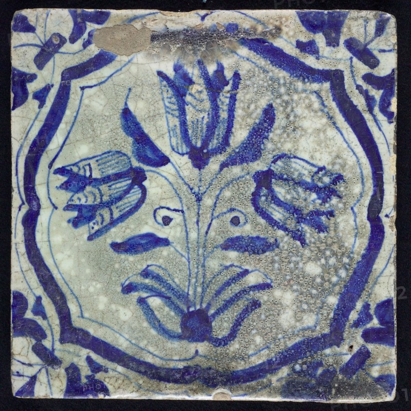 BB, Flower Tile with three-tier, blue decor on white ground, accolade frame and volutes, marked, wall tile tile sculpture
