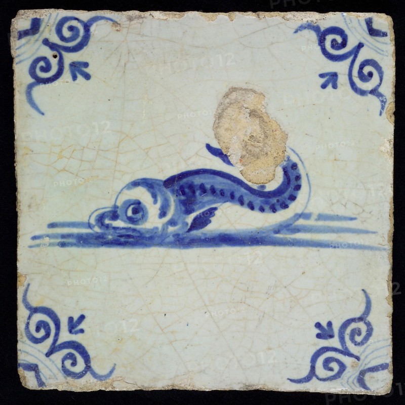 PA, Animal tile, fish on water, blue decor on white ground, corner filler ox head, marked, wall tile tile material ceramic