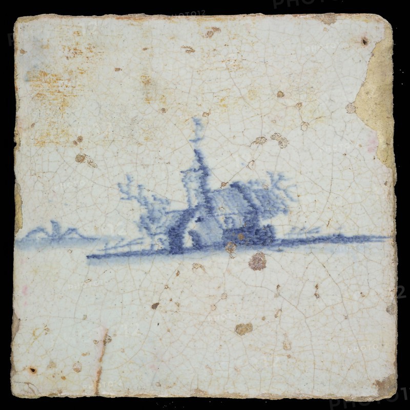 MA, Scene tile, landscape with village, blue decor on white ground, no corner fill, marked, wall tile tile sculpture ceramics