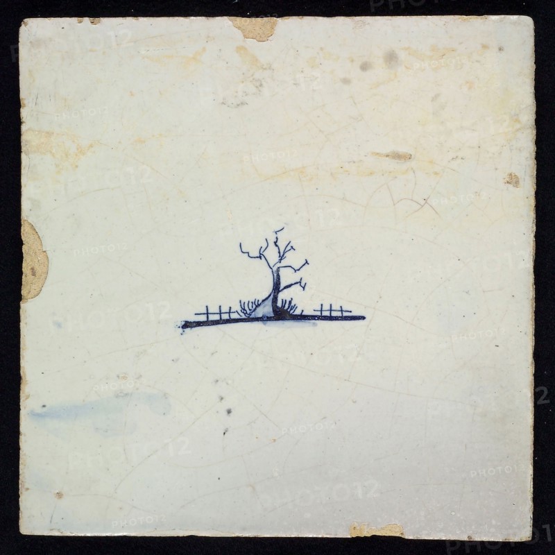 IW, Scene tile, small leafless tree, blue decor on white ground, no corner filling, marked, wall tile tile material ceramic