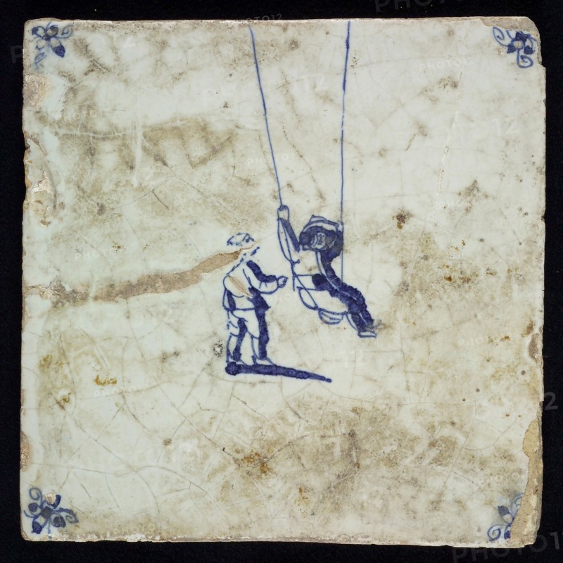 Scene tile, double child's play, rocking, corner motif spider, wall tile tile sculpture ceramic earthenware glaze tin glaze, in