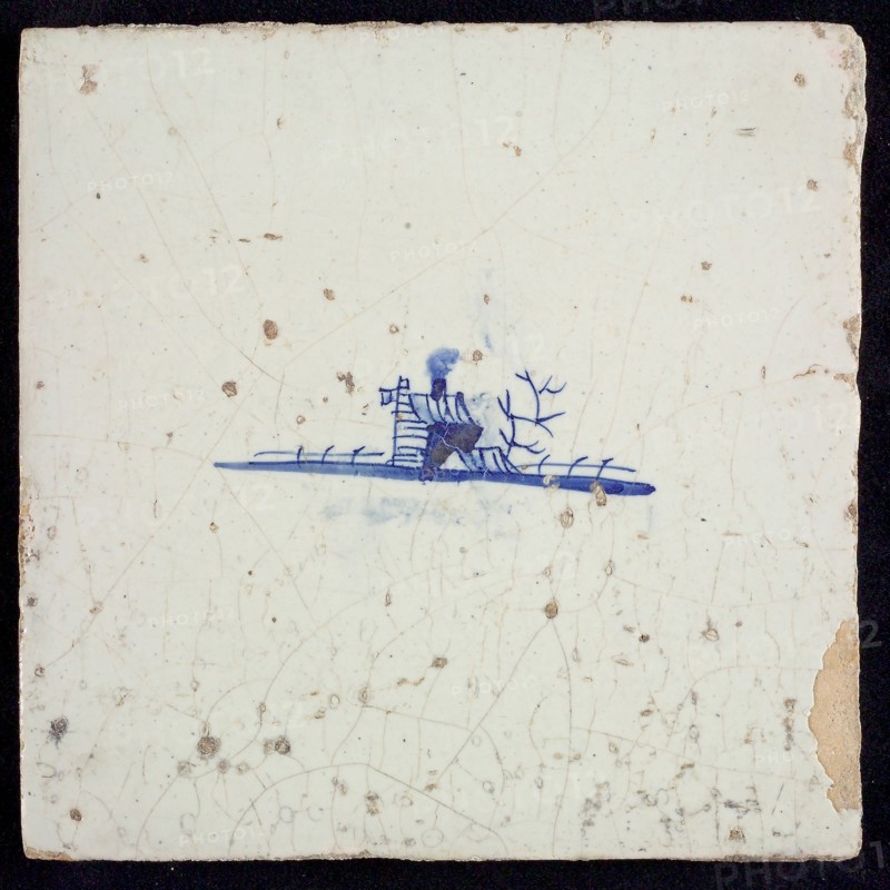 Scene tile with house, small image, blue decor on white ground, no corner filling, wall tile tile sculpture ceramics pottery