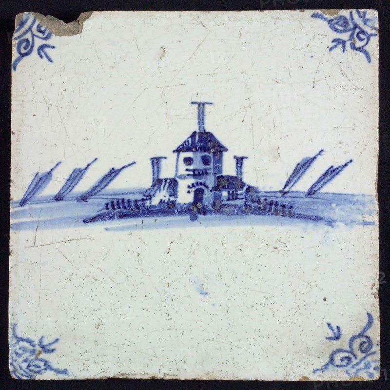 Scene tile with house, blue decor on white ground, corner fill: ox head, wall tile tile sculpture ceramic earthenware glaze tin