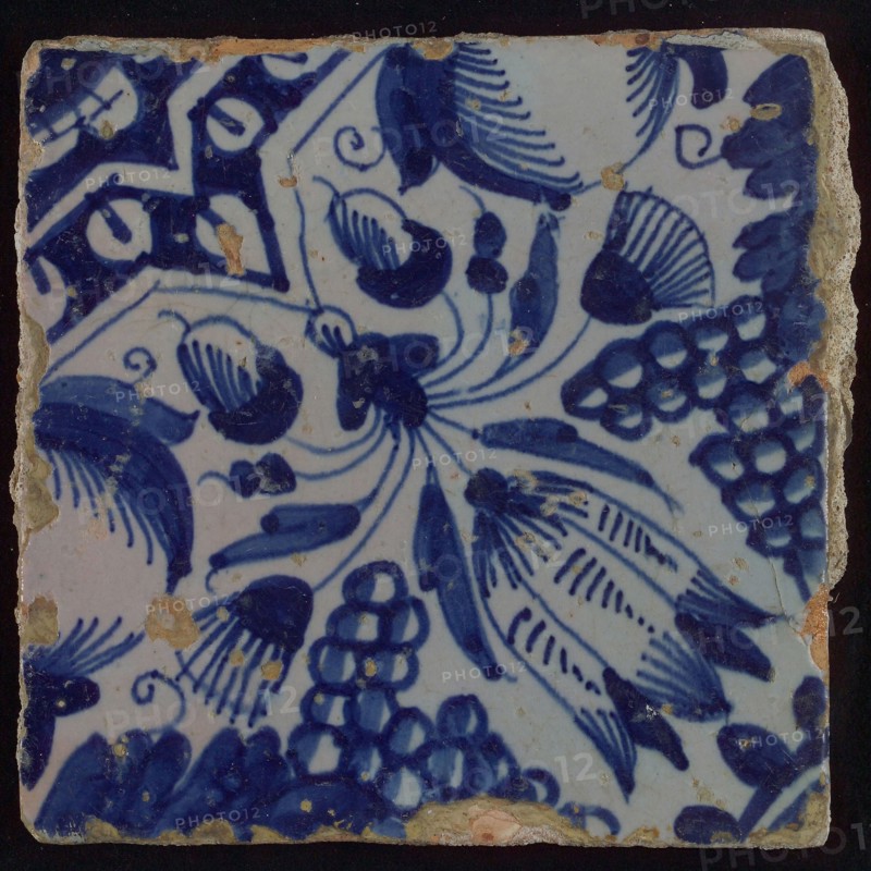 Ornament tile, star tulip with half bunch of grapes and half orange apple, corner pattern quartz and quarter rosette, wall tile