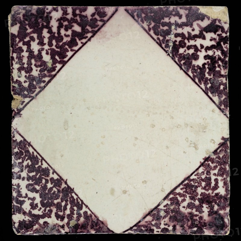 Ornament tile with blank squared and dotted decor, purple on white background, wall tile tile sculpture ceramic earthenware