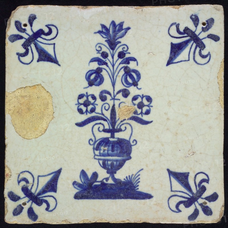 Flower Tile, large flowerpot on the ground, blue decor on white ground, corner filling: lily, wall tile tile sculpture ceramic