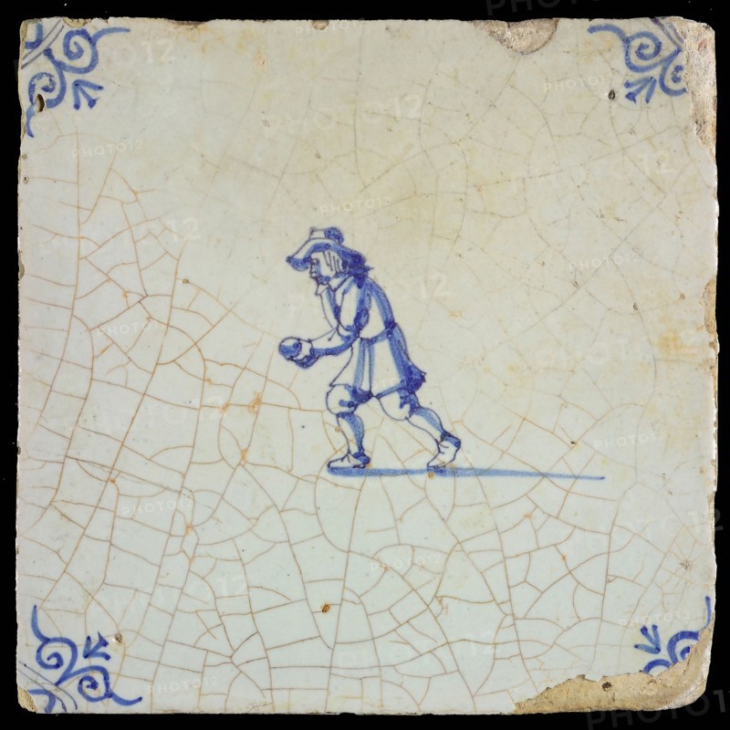 JJ, Scene tile, child's play, ball game, Corner motif ox's head, wall tile tile sculpture ceramic earthenware enamel tinglage