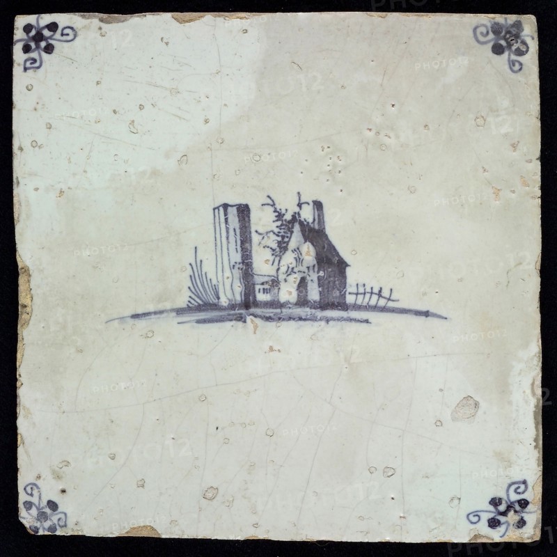 Scene tile with ruin, blue decor on white ground, corner fill: spider, wall tile tile sculpture ceramic earthenware glaze tin