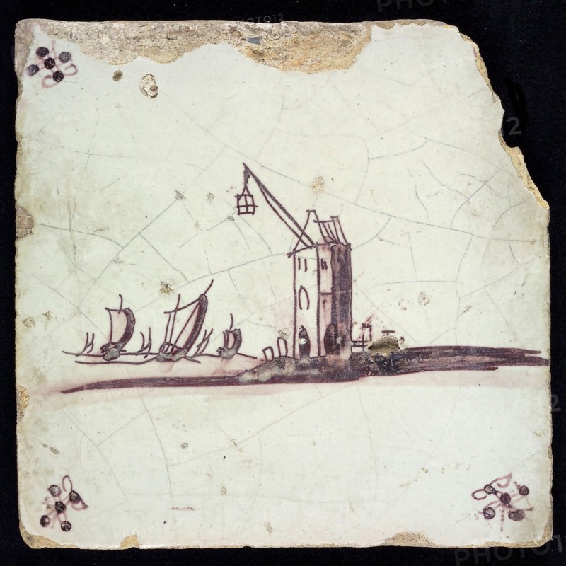 Scene tile with landscape, staff or beacon, manganese decor, corner filling: spider, wall tile tile sculpture ceramic
