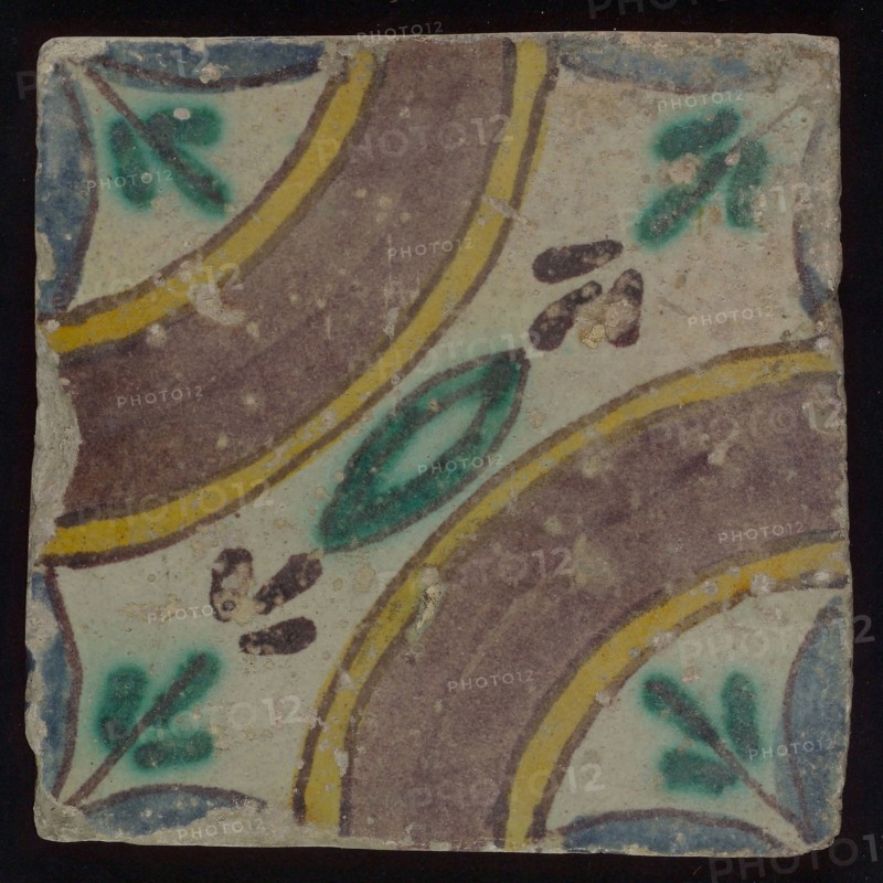 Ornament tile, multicolored floor tile in blue, green, yellow, purple on white background, around two corners large purple