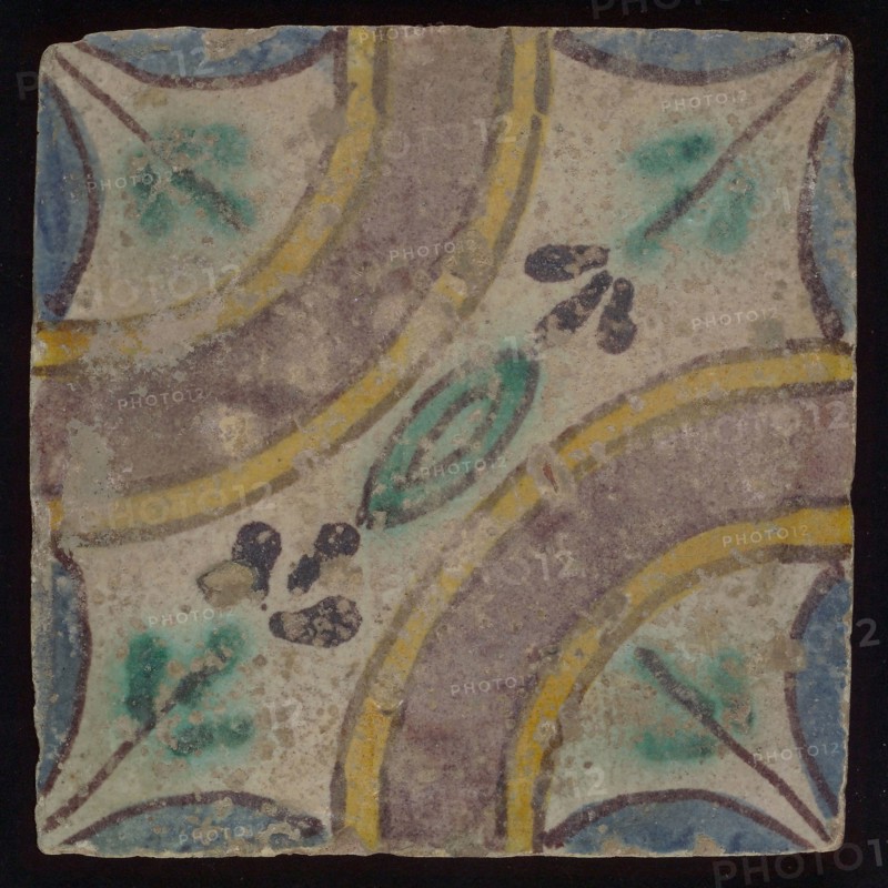 Ornament tile, multicolored floor tile in blue, green, yellow, purple on white background, around two corners large purple