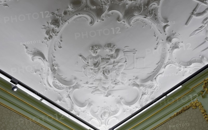 stucwerker: Pietro Castoldi (1729 - 1794), Stucco ceiling, rectangular, with putti, representing arts and sciences, ceiling