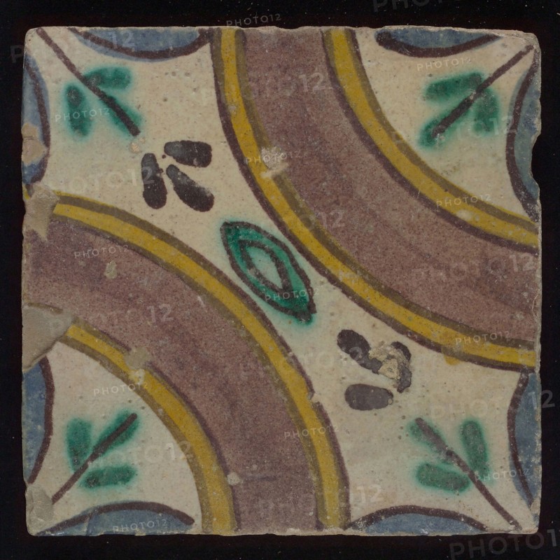 Ornament tile, multicolored floor tile in blue, green, yellow, purple on white background, around two corners large purple