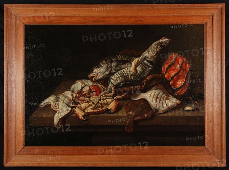 Isaac van Duynen, Still life with fish, still life painting visual material linen oil paint h 76.0 w 111.0