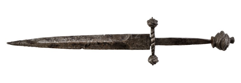 Iron dagger, knobs on hilt and crossbar, marked, dagger stab weapon arm soil found iron metal, forged Iron dagger. Two-edged