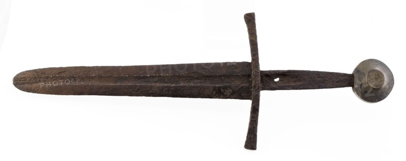 sword vest weapon soil find iron copper metal, forged cast Short iron sword possible left hand Wide double-edged blade wide