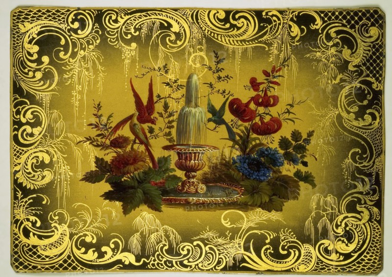 lacquer worker: Lodewijk Johannes Nooijen, Metal plate, painted in colors and gold on black, with decorative 'western' edge
